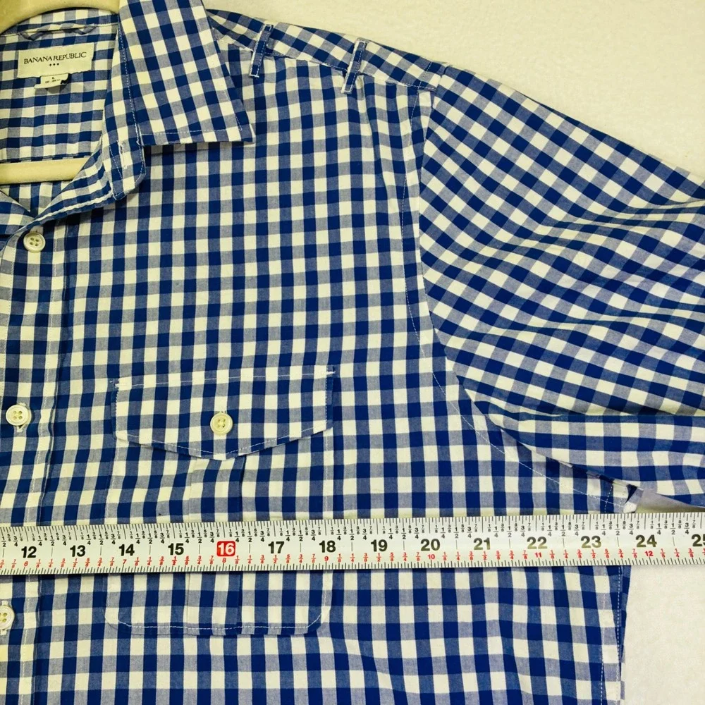 Banana Republic Mens Blue White Gingham Button Down Shirt L Large 16-16.5
